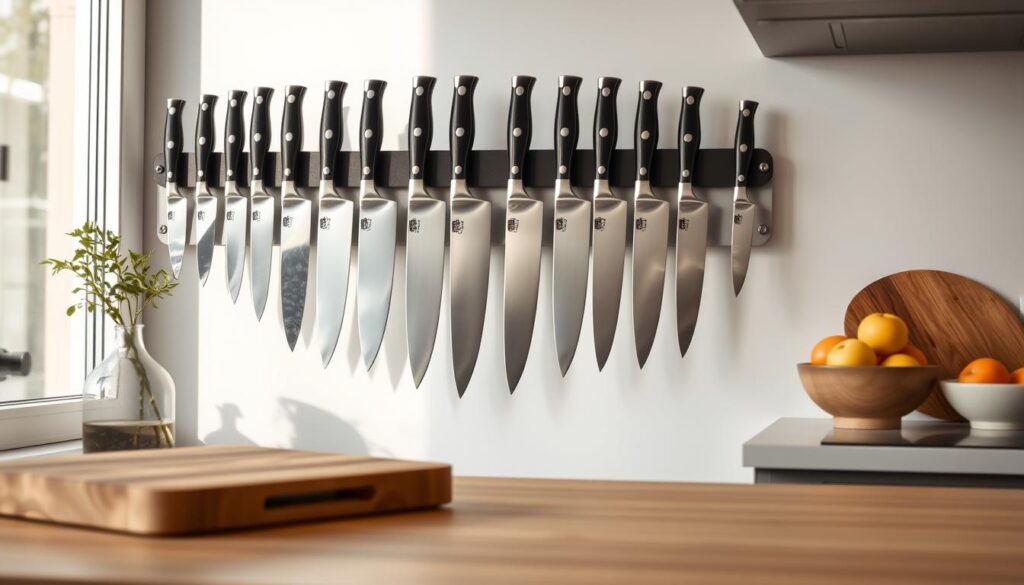 A beautiful kitchen setting featuring a sleek magnetic knife holder mounted on a light-colored wall. The holder displays a variety of premium chef knives, showcasing their gleaming blades and elegant handles, reflecting soft, natural light from a nearby window. In the foreground, a wooden cutting board rests, accentuating the kitchen's functionality. The middle ground focuses on the knife strip, emphasizing its modern design and sturdy magnets. In the background, hints of kitchen decor—a vase with fresh herbs and a fruit bowl—create a warm, inviting atmosphere. The overall mood is professional yet homey, inviting viewers to appreciate both culinary art and the functionality of magnetic storage. Capture the scene with a soft-focus lens to enhance depth and beauty.