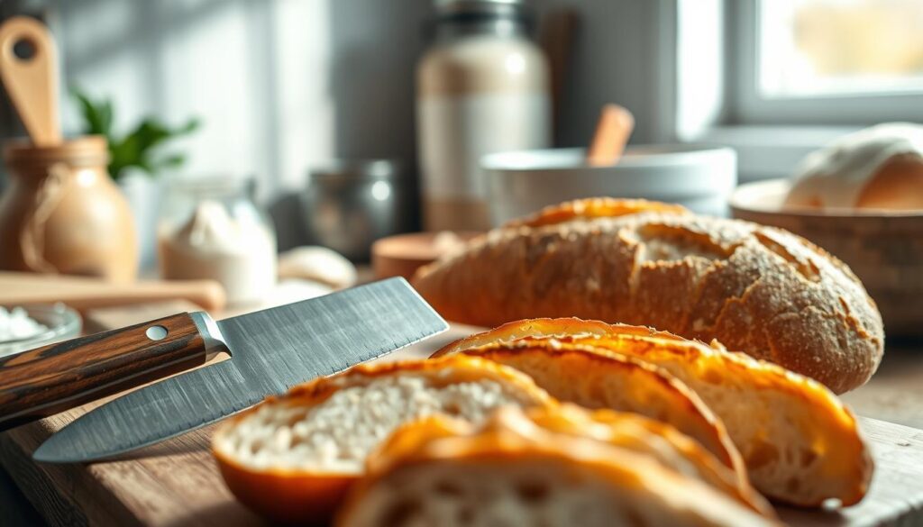 A beautifully arranged bread knife with a serrated blade, elegantly positioned on a rustic wooden cutting board. The knife's handle is crafted from polished dark wood, while the blade glints in the soft, natural light filtering through a nearby window. In the foreground, slices of crusty sourdough bread are artfully arranged, showcasing their golden-brown crusts. The middle ground features a blurred kitchen setting, with hints of fresh ingredients like flour and a bowl of dough, evoking a warm, homey atmosphere. Soft shadows add depth, enhancing the inviting and artisan feel of the scene. The image should be captured at a slight angle, highlighting the length and serration of the knife, emphasizing its functionality for slicing through tough crusts with ease.