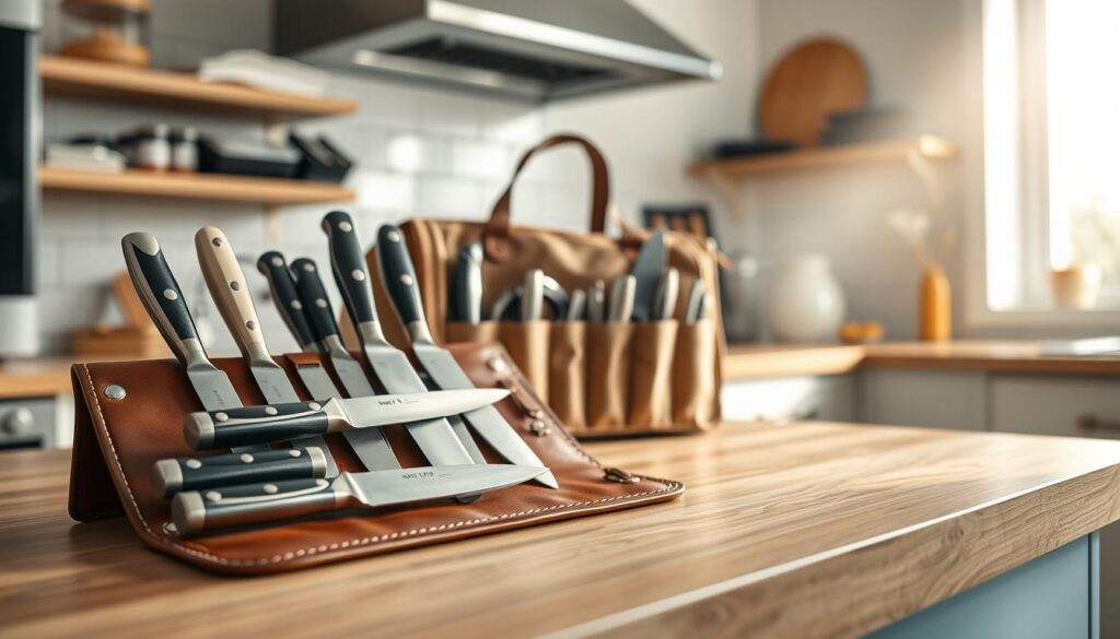 A beautifully arranged collection of professional knife rolls and bags displayed on a clean wooden countertop in a bright kitchen setting. In the foreground, focus on a sleek leather knife roll with neatly arranged high-quality kitchen knives, showcasing various styles including traditional, modern, and compact designs. The middle ground features a canvas knife bag with visible pockets that highlight its sturdy construction and functionality. In the background, soft natural light streams through a window, illuminating the space and creating a warm and inviting atmosphere. The mood is professional yet relaxed, reflecting the organized nature of a working kitchen. The angle captures the essence of culinary artistry, emphasizing the importance of knife transport in a chef's daily life.