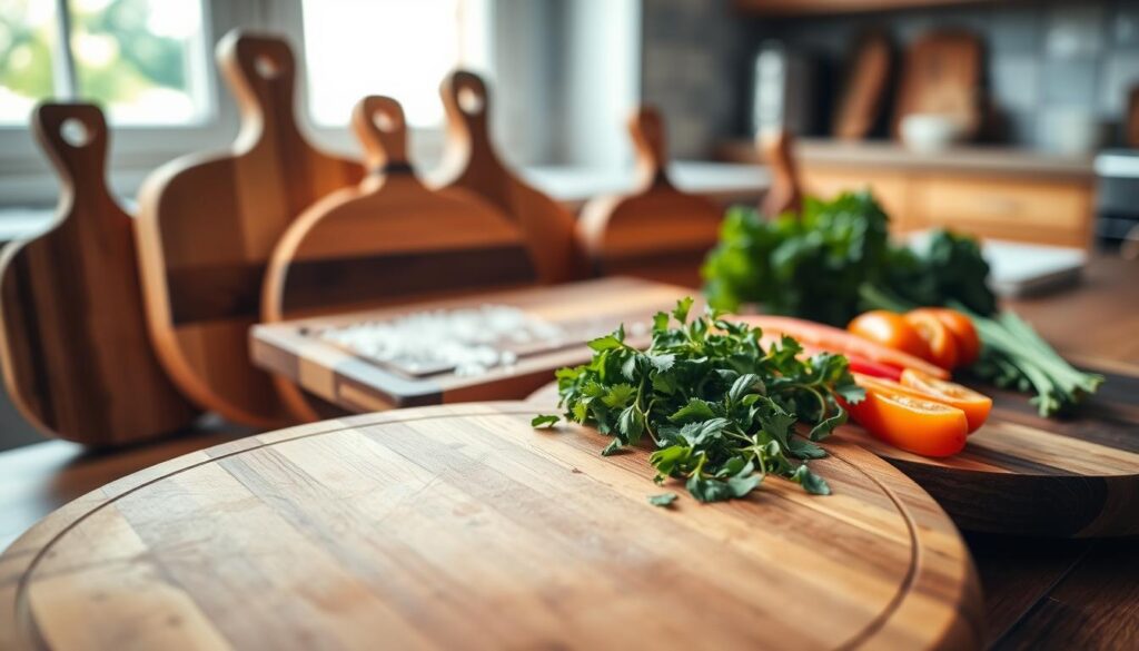 A beautifully arranged composition of several wooden cutting boards in various shapes and data-sizes, showcasing their rich, warm tones and unique grain patterns. In the foreground, focus on a round board with a smooth finish, adorned with freshly chopped herbs and colorful vegetables to emphasize their functional beauty. In the middle ground, include a rectangular board with a subtle sheen, lightly dusted with flour, hinting at recent use. The background features a rustic kitchen setting with soft, natural lighting filtering through a nearby window, creating a warm and inviting atmosphere. Use a shallow depth of field to keep the foreground sharp while softening the background, enhancing the focus on the cutting boards. The overall mood should evoke a sense of care and craftsmanship essential for maintaining wooden cutting boards in a home kitchen.
