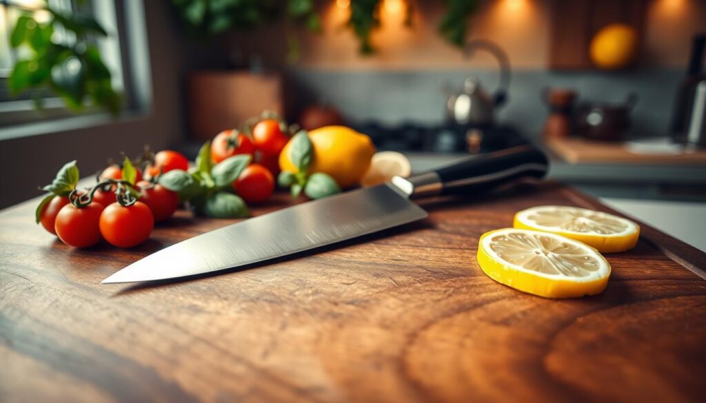 A beautifully arranged cutting board surface made of rich, dark walnut wood. The foreground showcases the smooth grain and natural variations in the wood, highlighting its premium quality. A finely sharpened chef's knife rests at an angle beside fresh, vibrant ingredients like basil, cherry tomatoes, and slices of lemon, adding a pop of color. In the background, softly blurred kitchen elements like a softly glowing window and hanging herbs create a warm, inviting atmosphere. The lighting is natural and diffused, mimicking the golden hour glow, enhancing the textures of the wood and the freshness of the ingredients. Capture this scene from a slightly elevated angle to draw attention to the cutting board’s surface, emphasizing how the choice of wood impacts knife sharpness and culinary experience.