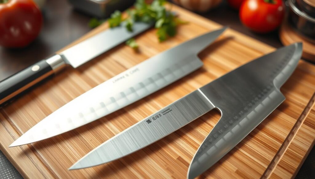 A beautifully arranged display of Japanese and German kitchen knives, emphasizing their distinct blade shapes. In the foreground, highlight a traditional Japanese gyuto knife with a thin, curved blade, and a German chef's knife with a wider, robust shape, reflecting their unique designs. The middle ground features a pristine bamboo cutting board, accentuating the knives' sharpness and craftsmanship. In the background, softly blurred kitchen elements, such as a subtle hint of fresh vegetables and herbs, create an inviting culinary atmosphere. The lighting is bright and natural, with soft shadows adding depth, captured from a slightly overhead angle to showcase the blades’ profiles and reinforce their functional elegance. The overall mood is professional and informative.