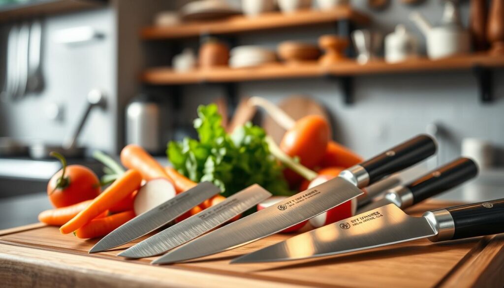 A beautifully arranged display of Japanese petty knives on a wooden cutting board, showcasing the intricate details of their blades and handles. The foreground features three varying lengths of knives, each with polished, high-carbon steel blades reflecting soft, natural light. The middle ground includes vibrant vegetables like carrots and radishes, arranged artfully to highlight the knives’ uses. In the background, a blurred kitchen setting with subtle, warm lighting and shelves filled with culinary tools, enhancing the atmosphere of a skilled kitchen environment. The focus is sharp on the knives, while a gentle bokeh effect surrounds the vegetables, creating an inviting and professional look that conveys the beauty and precision of these essential kitchen tools.