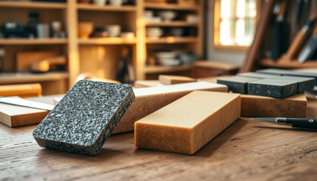 A beautifully arranged display of sharpening stones, featuring a variety of diamond and water stones. In the foreground, focus on a glistening diamond sharpening stone with a fine grit, reflecting light to showcase its polished texture. Next to it, place a traditional water stone, slightly worn, with a gentle sheen from being recently soaked, emphasizing its natural colors. The middle ground contains a wooden workbench with light, scattered sharpening tools like a honing guide and strops. In the background, softly blurred shelves filled with more sharpening supplies create depth. The scene is illuminated by warm, natural light emanating from a nearby window, casting gentle shadows and enhancing the inviting atmosphere of a craftsman's workspace. Aim for a serene and focused mood, perfect for illustrating the thoughtful selection of sharpening stones.