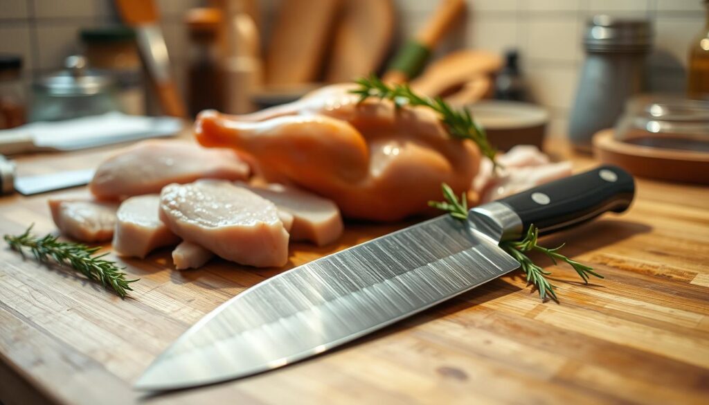 A beautifully arranged honesuki knife placed on a wooden cutting board, showcasing the blade's unique shape and features. In the foreground, the knife gleams with a polished steel surface reflecting soft kitchen lights. Surrounding the knife are freshly prepared chicken parts, emphasizing its intended use, and a few herbs like rosemary and thyme for a touch of color. In the middle, the cutting board, with visible knife marks, offers a rustic and authentic feel, conveying a sense of culinary artistry. The background features a softly blurred kitchen environment, with warm lighting and subtle details such as utensils and spices, creating an inviting cooking atmosphere. The overall mood captures the essence of traditional poultry preparation, highlighting craftsmanship and the joy of cooking.