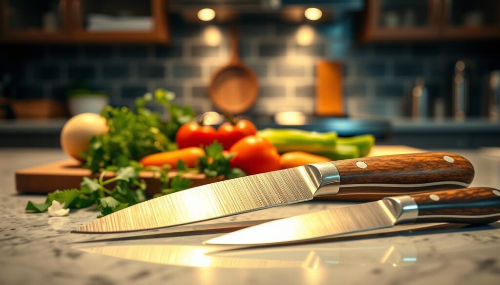 A beautifully arranged kitchen countertop featuring a detailed still-life composition that conveys the essence of control in culinary skills. In the foreground, a high-quality paring knife and a petty knife gleam under soft, warm lighting, showcasing their sharp blades and ergonomic handles, with contrasting textures of wood and metal highlighted. The middle layer includes fresh, vibrant ingredients like herbs and vegetables, meticulously placed to suggest preparation and precision. In the background, a softly blurred kitchen setting, with softly glowing ambient light reflecting off polished surfaces, adds depth while keeping the focus on the knives. The atmosphere is one of calm confidence and creativity, emphasizing the importance of selecting the right small knife in a kitchen environment.