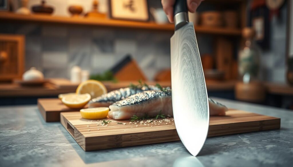 A beautifully arranged kitchen setting featuring a sujihiki knife skillfully slicing through a piece of fresh fish. The foreground showcases the sujihiki knife with its long, slender blade glistening under soft, warm lighting, highlighting its sharp edge and elegant design. In the middle, the fish is displayed on a wooden cutting board, adorned with a sprinkle of herbs and lemon slices, emphasizing freshness and culinary artistry. The background features a blurred kitchen with subtle hints of traditional Japanese decor, enhancing the atmosphere. The overall mood is one of precision and craftsmanship, with a focus on the knife's functionality and aesthetic appeal. The scene captures the essence of culinary excellence without any text or distractions.