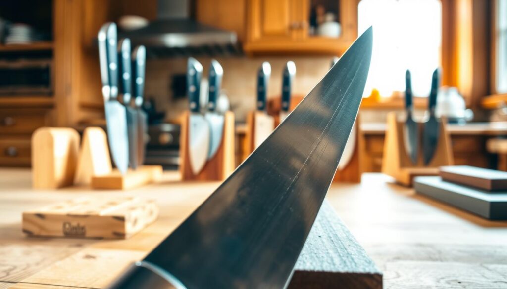 A beautifully arranged scene showcasing various knives at different sharpening angles, displayed on a wooden workbench. In the foreground, focus on a close-up of a sharp chef's knife, held at a precise angle against a whetstone, highlighting the correct angle for sharpening. The blade gleams under soft, natural lighting, casting subtle reflections. In the middle ground, include a blurred view of other knives resting in wooden blocks and additional whetstones, illustrating common knife sharpening tools. The background features a rustic kitchen environment, with warm, inviting wooden cabinetry and soft ambient light filtering through a window, creating a calm and focused atmosphere. The overall mood is educational and serene, emphasizing precision and technique in knife sharpening.