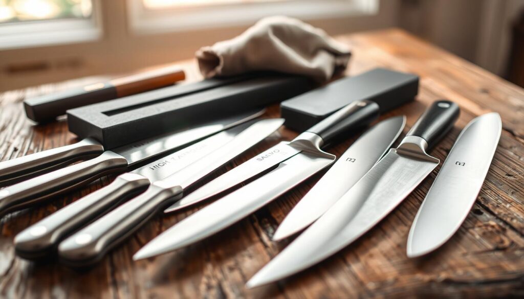 A beautifully arranged set of high carbon steel kitchen knives on a rustic wooden surface. In the foreground, a collection of meticulously sharpened knives, showcasing their sleek, polished blades and well-designed handles. In the middle, an assortment of sharpening tools, including whetstones of various grits, a honing rod, and a cloth for wiping the blades. The background features soft, natural lighting streaming in from a nearby window, creating a warm and inviting atmosphere. The focus is sharp on the knives and tools, with a gentle bokeh effect on the background, highlighting the craftsmanship and quality of the materials. This scene conveys a sense of precision and care in knife maintenance.