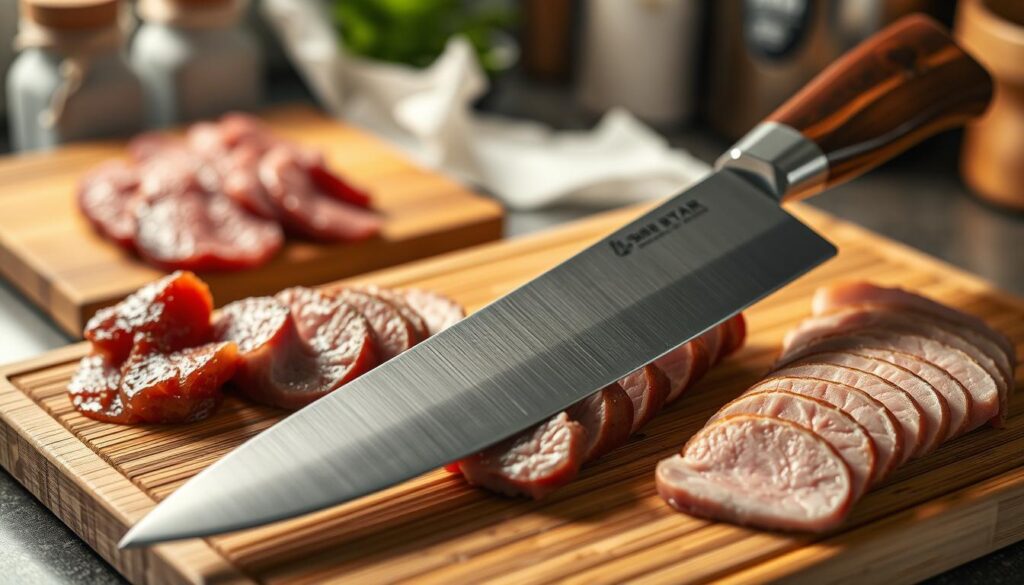 A beautifully arranged sujihiki knife, renowned for its long, thin blade, positioned on a polished bamboo cutting board. The knife's intricate handle, made of premium wood, gleams under soft, warm kitchen lighting. Surrounding the knife, freshly sliced pieces of succulent meat—such as tender beef or elegant pork loin—showcase the precision cuts characteristic of sujihiki slicing. In the background, blurred, softly-lit kitchen elements, like a wooden meat board and rice paper towels, add depth and context without distraction. The scene captures a serene cooking atmosphere, inviting the viewer to appreciate the elegance and skill in meat carving. The composition is photographed from a slightly elevated angle to emphasize the elegance of the knife and the inviting presentation of the sliced meat.
