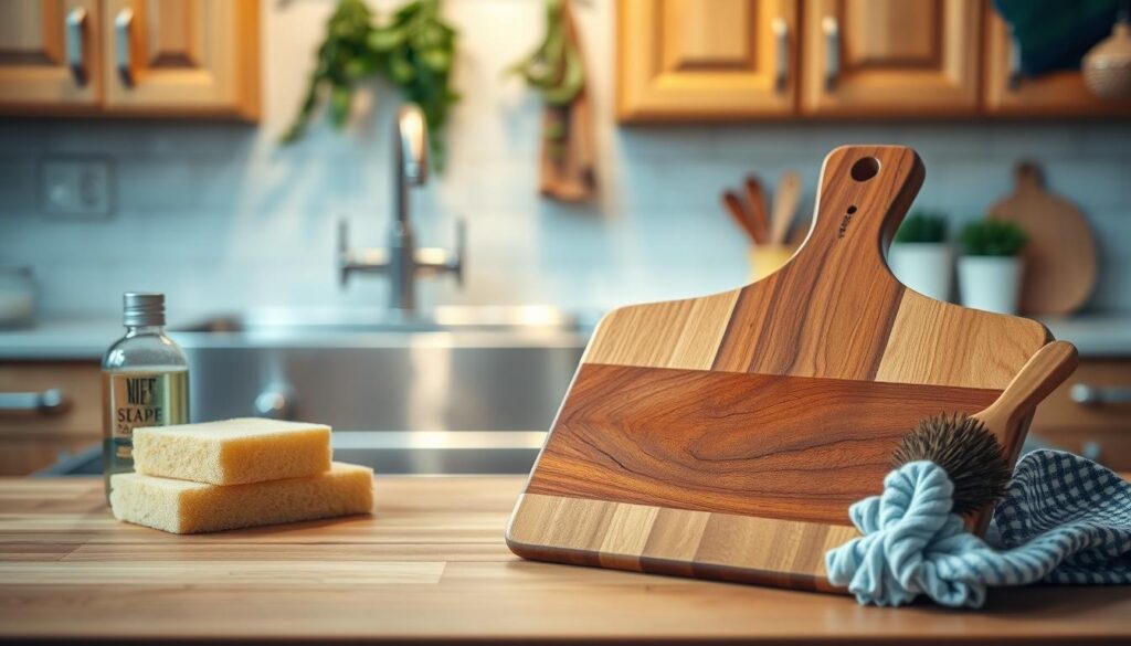 A beautifully arranged wooden cutting board prominently displayed in the foreground, showcasing its smooth, rich grain and natural texture. The scene captures several essential cleaning items beside the board: a soft sponge, a bottle of natural soap, and a wooden brush, all hinting at the cleaning process. In the middle ground, a stainless steel sink glimmers under soft, ambient lighting that reflects a warm and inviting kitchen atmosphere. In the background, a cozy kitchen with soft-focus details of wooden cabinets and hanging herbs creates a homey vibe. The overall mood is fresh and serene, emphasizing the importance of maintaining the cutting board’s beauty and functionality. The composition is framed at a slight angle for dynamic depth, inviting viewers into the scene.