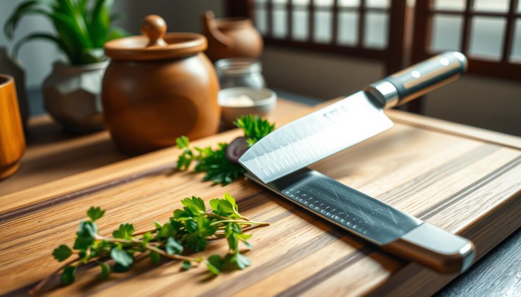 A beautifully crafted Japanese kiritsuke knife elegantly rests on a traditional wooden cutting board. The knife features a curved blade, showcasing a slight taper and a distinct double-bevel edge, reflecting expert craftsmanship with a polished metal finish. In the foreground, delicate ingredients like vibrant vegetables and fresh herbs are artistically arranged, hinting at culinary creativity. The background subtly showcases elements of a Japanese kitchen, including a wooden rice container, ceramicware, and ambient light filtering through a shoji screen, creating a warm and inviting atmosphere. The scene is well-lit, emphasizing the knife's sharp details and the textures of the ingredients, captured from a close-up angle that highlights the knife's unique features while maintaining a serene, focused mood.