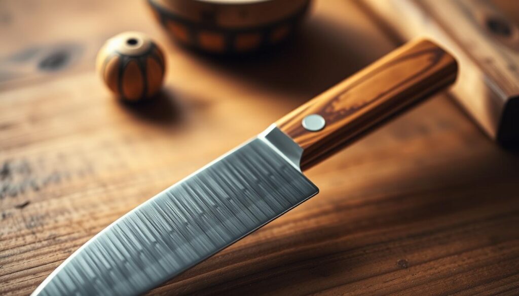 A beautifully crafted Japanese wa-handle knife, featuring an octagonal wooden handle made from premium Hinoki cedar, is the focal point of the image. The handle showcases intricate wood grain patterns with a warm, natural finish, emphasizing the craftsmanship involved in its creation. The background softly blurs to reveal a simple, rustic wooden table, casting a sense of heritage and tradition. Warm, diffused lighting gently illuminates the knife, highlighting the smooth contours of the handle while subtly emphasizing its functionality. The angle is slightly above the knife, creating an inviting perspective that draws the viewer's focus to the elegance of the wa-handle. The overall mood is serene and classic, conveying the importance of care in preserving traditional craftsmanship.
