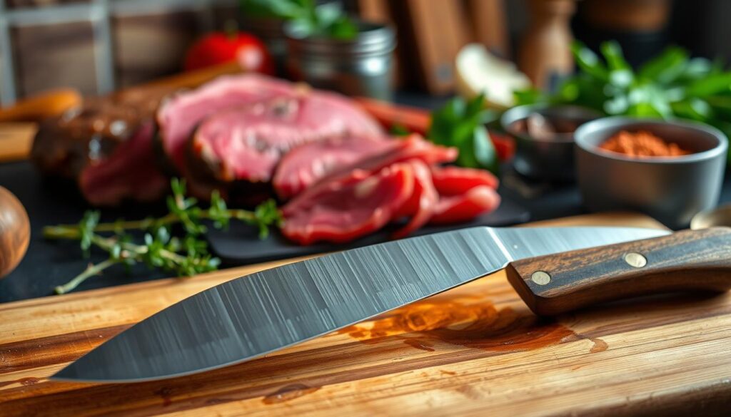 A beautifully crafted boning knife prominently displayed on a wooden cutting board, showcasing its sleek, curved stainless steel blade that gleams under warm, soft lighting. The knife handle, made of rich, dark wood, provides an elegant contrast against the cutting board. In the background, a blurred kitchen setting contains fresh cuts of meat, herbs, and spices, creating an inviting atmosphere for culinary enthusiasts. The angle captures the knife from slightly above, emphasizing its sharpness and precision, while maintaining a focus on the craftsmanship. The mood is one of culinary artistry and sophistication, perfect for a meat preparation atmosphere.