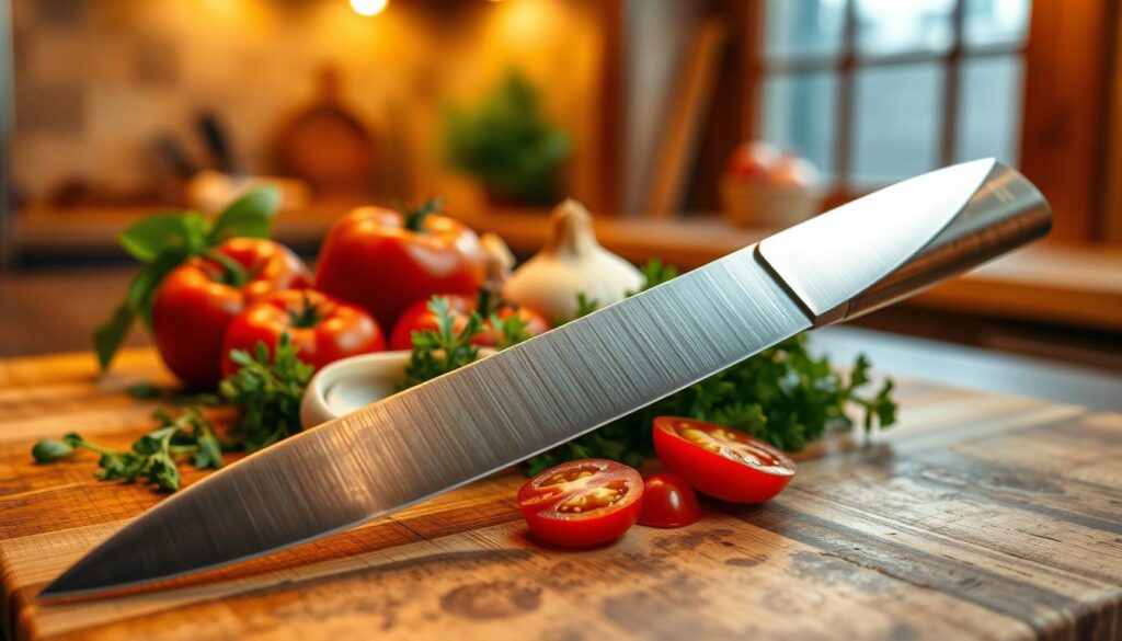 A beautifully crafted gyuto knife rests prominently in the foreground, showcasing its elegantly curved blade and polished wooden handle. The knife should be positioned on a smooth, rustic wooden cutting board, highlighting the craftsmanship and sharp edge. In the middle ground, there are fresh vegetables like vibrant green herbs, bright red tomatoes, and crisp onions, emphasizing the knife's versatility for preparation. The background features a softly blurred kitchen setting with warm, inviting light coming from a nearby window, creating a cozy atmosphere. Use a slightly overhead angle to capture the details of the knife and ingredients. The mood should convey the art of cooking and the skill involved in using a gyuto knife.