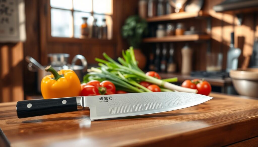 A beautifully crafted kiritsuke blade, showcasing its distinctive elongated shape and dual bevel edge, is prominently displayed in the foreground on a polished wooden cutting board. The blade reflects a subtle sheen, highlighting its high-carbon steel construction and intricate water patterns. In the middle ground, a selection of fresh vegetables—colorful bell peppers, vibrant green onions, and rich red tomatoes—are elegantly arranged, emphasizing the knife's culinary purpose. Soft, natural lighting streams from a nearby window, casting gentle shadows that create a warm atmosphere. The background features a rustic kitchen setting with wooden shelves lined with spices and cooking utensils, enhancing the cultural significance of the kiritsuke. The overall mood is inviting and emphadata-sizes craftsmanship and tradition in culinary art.
