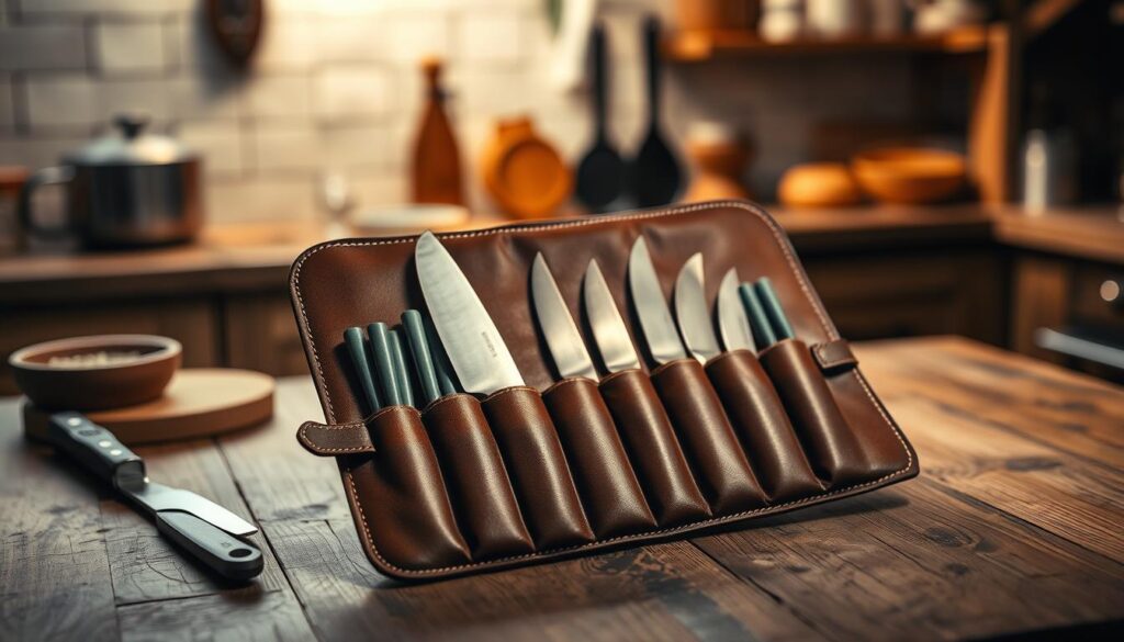 A beautifully crafted knife roll bag displayed prominently in the foreground, showcasing its rich leather texture and neatly organized compartments for various kitchen knives. The bag is partially open, revealing the gleaming blades arranged securely, emphasizing safety and organization. The middle ground features a rustic wooden table that enhances the artisanal vibe, with subtle chef tools partially visible. In the background, a softly blurred kitchen setting with warm, ambient lighting casts gentle shadows, creating a cozy atmosphere. The image should use a shallow depth of field to focus on the bag, while the colors remain rich and warm, evoking a sense of professionalism and care in knife transport.