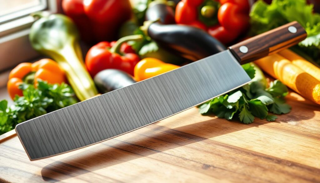 A beautifully crafted nakiri knife rests on a polished wooden cutting board, showcasing its distinctive rectangular blade and elegant, thin edge designed for precision cutting. The knife’s handle is made of rich, dark wood, with visible grains reflecting its artisan quality. In the background, a vibrant assortment of fresh vegetables, including colorful bell peppers, shiny eggplants, and crisp green leafy vegetables, surround the knife, highlighting its purpose. Soft, natural light streams in from a nearby window, casting gentle shadows that enhance the knife’s metallic sheen. The scene is meticulously arranged to evoke a sense of culinary artistry and functionality, emphasizing why the nakiri knife is an essential tool in every kitchen. The overall mood is warm and inviting, capturing the essence of Japanese culinary tradition.