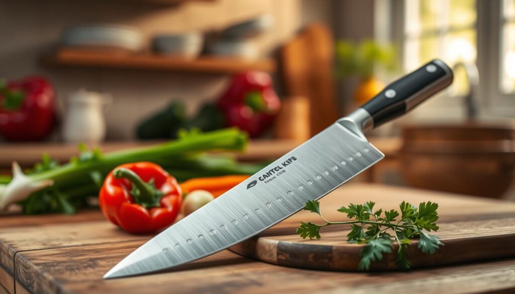 A beautifully crafted santoku knife resting on a rustic wooden cutting board. The knife features a sleek, stainless steel blade with a polished finish, showcasing its sharp edge and distinctive Granton indentations that help prevent food from sticking. In the foreground, fresh vegetables, including vibrant red bell peppers, green onions, and a sprig of parsley, are artfully arranged, hinting at culinary preparation. The background features a softly blurred kitchen scene with warm, natural lighting pouring in from a nearby window, creating a cozy and inviting atmosphere. The image captures the essence of precision slicing and dicing, with a focus on the santoku knife as the centerpiece of the kitchen’s culinary tools, inviting viewers to enhance their cooking experience.
