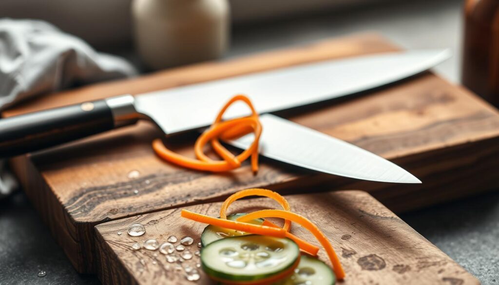 A beautifully crafted santoku knife resting on a rustic wooden cutting board. The knife features a sleek, sharp blade with a distinct curvature, showcasing its versatile design and precision. In the foreground, droplets of water and thin slices of vegetables like carrots and cucumbers artfully arranged to illustrate the knife’s ability for intricate cutting tasks. Soft, natural lighting highlights the knife’s polished blade and the texture of the wooden board, creating a warm, inviting atmosphere. The background is softly blurred, hinting at a cozy kitchen setting with muted colors, enhancing the focus on the santoku knife as an essential tool for culinary creativity. The composition conveys a sense of craftsmanship and readiness for sharpening techniques.