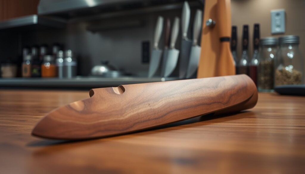 A beautifully crafted saya magnolia wood sheath rests on a polished wooden countertop, showcasing its rich, warm tones and smooth texture. In the foreground, detail the intricate grain patterns and natural variations of the wood, capturing the essence of artisan craftsmanship. The middle ground features a professional kitchen setting with high-quality knives displayed beside the saya, highlighting its purpose as a protective and aesthetic accessory. Soft, diffused overhead lighting gently illuminates the scene, casting subtle shadows that enhance the depth and richness of the wood. A blurred background reveals hints of herbs and spices in glass containers, evoking a culinary atmosphere. The mood conveys elegance and functionality, emphasizing the saya's role in daily kitchen use for professionals.