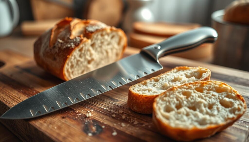 A beautifully crafted serrated bread knife lying on a rustic wooden cutting board. The knife should have a stainless steel blade with sharp, serrated edges glinting under soft, natural lighting, emphasizing its intricate design. In the foreground, there are slices of a crusty sourdough loaf, revealing its airy interior contrasted against the golden-brown, hard crust. In the middle ground, a few crumbs scatter around, hinting at the knife's recent use. The background features a softly blurred kitchen environment, with warm, inviting tones, suggesting a cozy baking atmosphere. The overall mood is one of craftsmanship and culinary delight, making the viewer appreciate the precision and utility of the serrated bread knife in action.