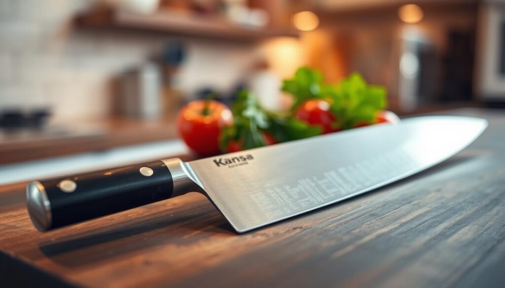 A beautifully crafted stainless steel blade rests elegantly on a dark wooden cutting board. In the foreground, showcase the blade's polished surface, highlighting its sharp edge and sleek design. Add intricate details, such as the subtle reflection of light on the blade, which reveals the craftsmanship of a high-quality Japanese knife. In the middle ground, arrange some fresh ingredients, like vibrant vegetables and herbs, partially out of focus to create depth. The background features a softly lit kitchen environment, with warm lighting that adds a welcoming atmosphere. Use a shallow depth of field to emphasize the blade, while keeping the background slightly blurred, creating a professional and inviting ambiance perfect for an article about affordable performance knives.