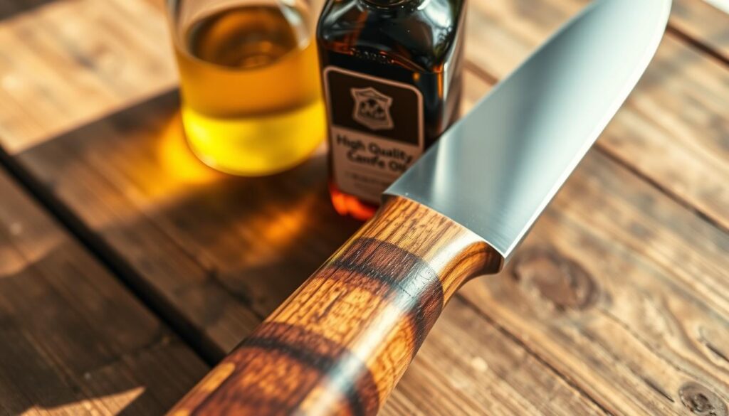 A beautifully crafted wooden knife handle, prominently displayed in the foreground, showcasing rich textures and natural grains, glistening with a coat of oil that enhances its color and depth. The handle is slightly curved, with ergonomic contours that fit comfortably in the hand. In the middle ground, a soft-focus bottle of high-quality oil, its label highlighting its suitability for wooden surfaces, suggests maintenance for longevity. The background features a rustic wooden table, slightly worn, which adds an inviting warmth to the scene. Warm, natural lighting casts gentle shadows, creating an atmosphere of care and craftsmanship. The image captures a serene and enriching mood, emphasizing the importance of preserving wooden knife handles for both functionality and beauty. The angle is slightly above eye level, allowing for an engaging view of the handle’s details.