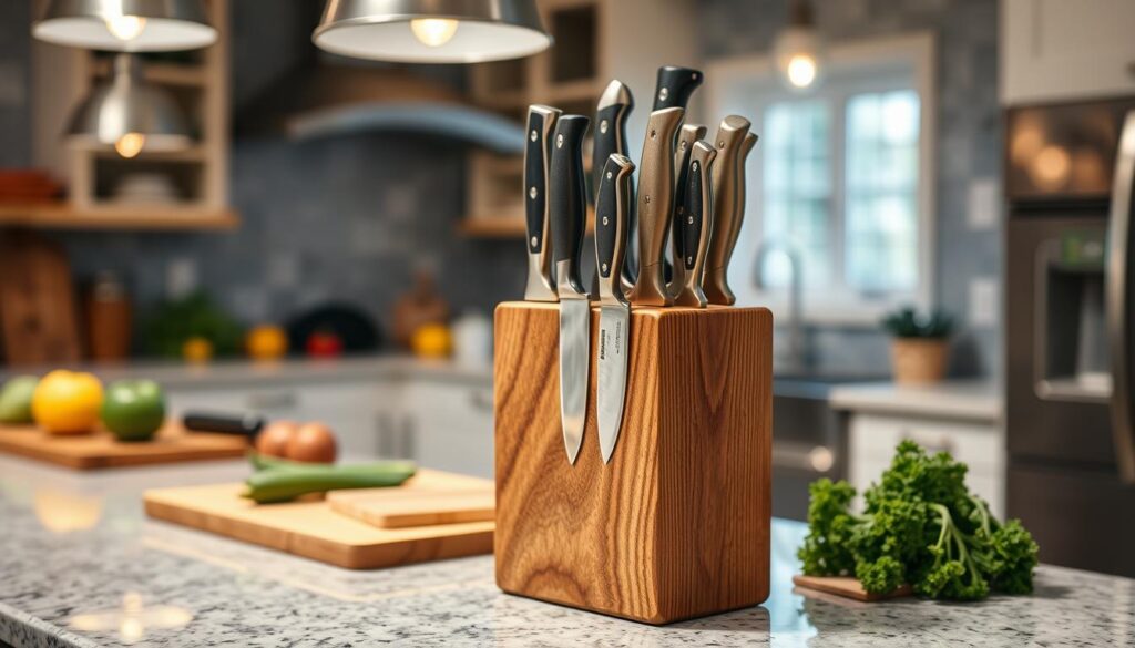 A beautifully crafted wooden knife holder filled with an assortment of high-quality kitchen knives, prominently displayed in a well-lit kitchen setting. In the foreground, focus on the knife block, which features an elegant, natural wood finish with visible grain patterns, standing on a polished granite countertop. The middle ground includes neatly arranged countertops with cutting boards and fresh vegetables to create a culinary atmosphere. In the background, warm ambient lighting from pendant lights casts a soft glow, enhancing the inviting mood. The scene encapsulates the importance of organization and elegance in knife storage, highlighting the beauty of a custom knife collection. Use a shallow depth of field to emphasize the knife holder while subtly blurring the background objects.