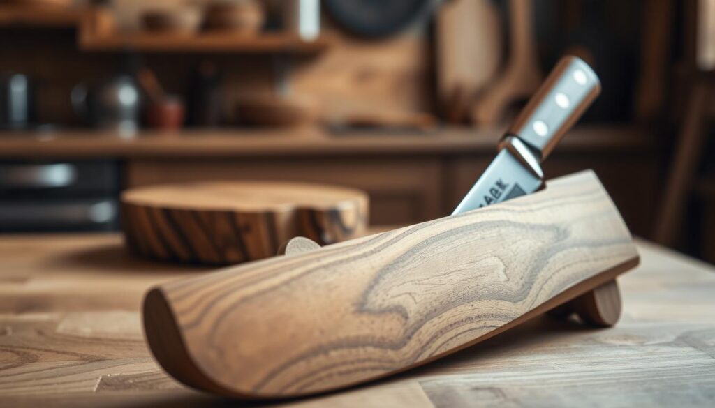 A beautifully crafted wooden saya, designed to hold a traditional Japanese knife, sits prominently in the foreground. The saya features exquisite grain patterns, showcasing the natural wood texture, with its smooth, polished surface reflecting soft, warm lighting. The knife, partially visible at the opening of the saya, has a gleaming blade, hinting at precision craftsmanship. In the middle ground, a rustic wooden table adds depth, with hints of subtle shadows providing a sense of dimension. The background features a blurred, cozy kitchen atmosphere with warm tones, evoking a sense of culinary artistry. The overall mood is tranquil and respectful, inviting the viewer to appreciate the protective role of the saya in preserving knife integrity, enhanced by gentle, diffused natural lighting that enhances the wood's beauty.
