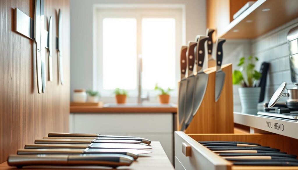 A beautifully organized kitchen knife storage setup, showcasing various storage solutions such as a magnetic knife strip on a wooden wall, a sleek bamboo knife block on a countertop, and a drawer with a knife organizer. The foreground features pristine, shiny kitchen knives of different data-sizes, arranged harmoniously. In the middle, a well-lit, clean kitchen environment with natural light streaming through a window, highlighting the warmth of the wood and counter surfaces. The background includes subtle kitchen elements, like herbs in pots and a lightly patterned tile backsplash. The atmosphere is calm and inviting, suggesting an efficient, safe space for knife storage. The image should be crisp and clear, shot with a shallow depth of field to emphasize the knife storage options while softly blurring the background.