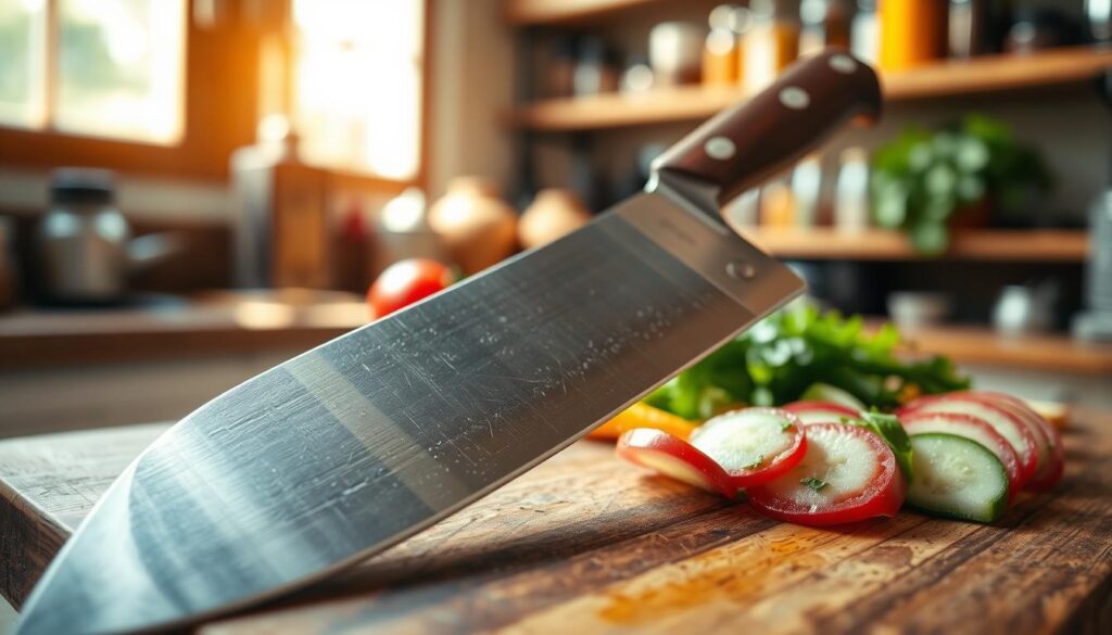 A beautifully sharpened meat cleaver rests prominently on a wooden cutting board, showcasing its gleaming, polished edge that gleams under soft, natural sunlight streaming through a nearby window. In the foreground, focus on the cleaver's intricate details, such as the texture of the handle and the sharpness of the blade. In the middle ground, sliced ingredients like fresh vegetables and herbs are artfully arranged, adding color and life to the scene. The background features a blurred, rustic kitchen setting, with shelves lined with utensils and spices, evoking a warm, inviting atmosphere. The overall mood is professional yet approachable, emphasizing the importance of a well-maintained cutting tool in culinary tasks while highlighting the meticulous craftsmanship of the meat cleaver.