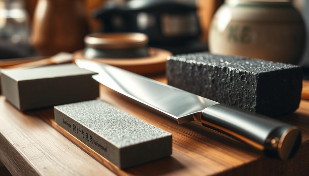 A close-up composition featuring a selection of high-quality sharpening stones specifically designed for single bevel knives, such as Deba and Yanagiba. The foreground showcases various stones in rich textures and colors, like a fine-grit water stone with a reflective surface, alongside a rougher, darker ceramic stone, positioned on a wooden honing board. The middle ground includes a traditional Japanese knife resting gently next to the stones, highlighting its sharp edge and elegant silhouette. In the background, softly blurred kitchen elements provide a cozy, inviting atmosphere, with warm, natural lighting illuminating the scene to evoke a sense of craftsmanship and dedication to the art of sharpening. The overall mood is serene and focused, perfect for an artisanal setting.