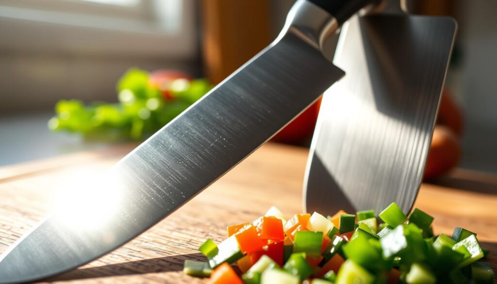 A close-up composition showcasing two blades: one made of high carbon steel and the other of stainless steel, positioned at a 45-degree angle against a textured wooden cutting board. In the foreground, the high carbon steel blade gleams under bright, diffused sunlight, emphasizing its razor-sharp edge with glistening reflections. The stainless steel blade, slightly behind, features a polished sheen, hinting at its durability. Surrounding the blades are finely chopped vegetables, illustrating the effectiveness of each material in real-life cutting performance. The background consists of a blurred kitchen setting, with soft, natural lighting to create a warm, inviting atmosphere. The image captures a blend of elegance and practicality, highlighting the differences in edge sharpness and retention between the two blade materials.