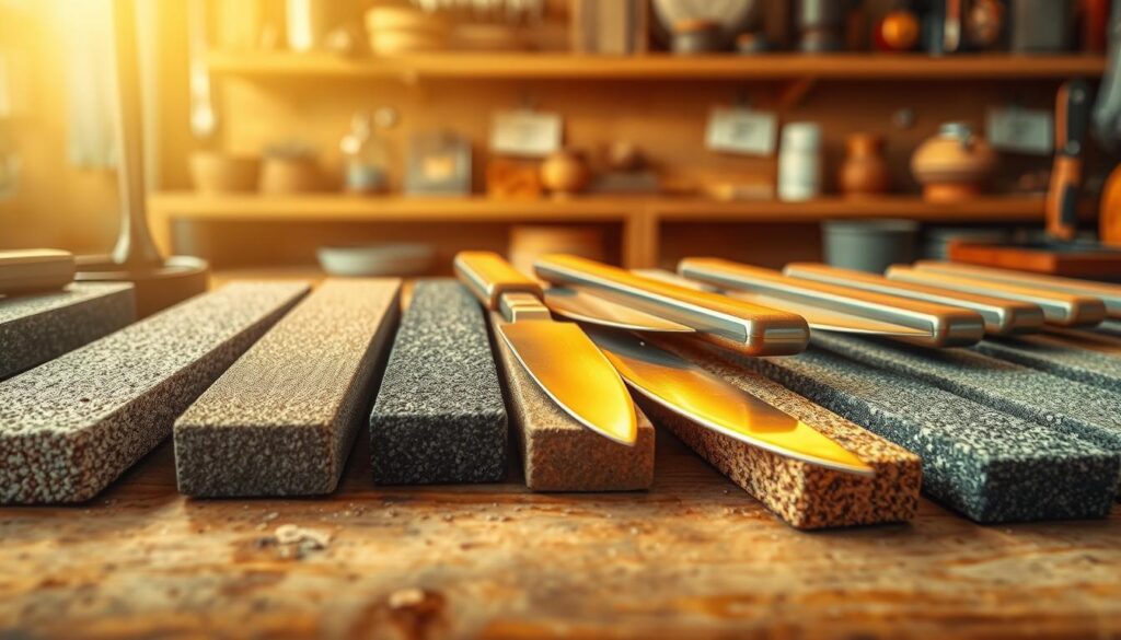 A close-up illustration of a variety of whetstones showcasing different grit levels, arranged artistically on a wooden workbench. In the foreground, display the coarse grit stones with visible textures, some showing slight wear, transitioning to finer grit stones that glisten subtly under soft, warm lighting. The middle layer includes a few knives at various conditions—some dull with chips, others shining with a polished edge, demonstrating the range of grit use. The background softly blurs, hinting at a rustic workshop ambiance with shelves lined with sharpening tools and other whetstones. A gentle, golden light creates an inviting atmosphere, emphasizing the craftsmanship of knife maintenance and the importance of selecting the right grit.