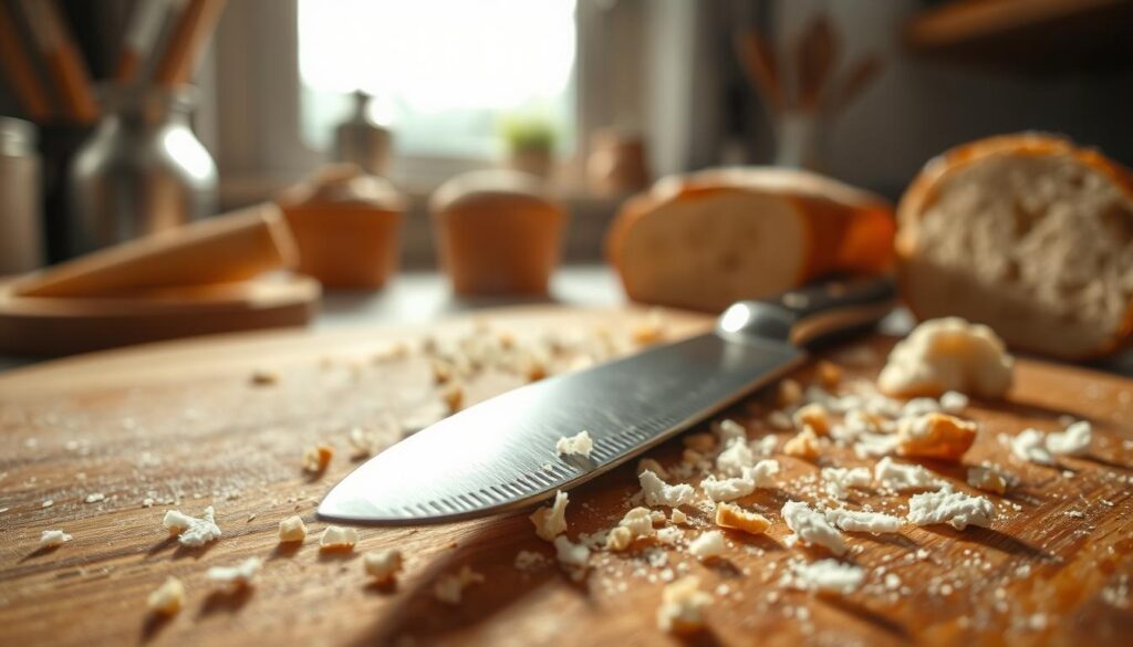 A close-up image depicting a serrated bread knife resting on a wooden cutting board, surrounded by scattered bread crumbs. The knife showcases its distinct teeth, glinting under soft, natural light coming from a nearby window. In the background, a cozy kitchen setting is visible with faint hints of baking tools and a loaf of bread, creating a warm and inviting atmosphere. The angle focuses on the knife, emphasizing the breadcrumbs' texture and how they indicate the knife's effectiveness. The scene conveys a sense of home and craftsmanship, illustrating the importance of maintenance for kitchen tools.