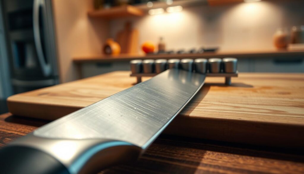A close-up image featuring a premium kitchen knife resting on a wooden cutting board, with its blade edge showing visible signs of dullness and minor nicks caused by magnets. In the foreground, the knife is positioned at an angle that highlights the blade's edge, glinting under soft, diffused lighting. In the middle ground, a magnetic knife strip is partially visible, showcasing its strong magnets, subtly suggesting interaction with the blade. The background is softly blurred, depicting a modern kitchen environment with warm, inviting tones, evoking a sense of everyday culinary use. The atmosphere is informative yet contemplative, emphasizing the impact of magnetic storage on knife maintenance without any text or distractions.