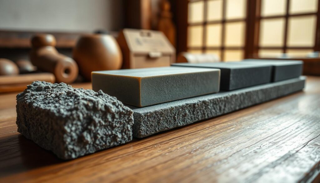 A close-up image featuring an array of traditional Japanese sharpening stones with varying grit levels, arranged artistically on a polished wooden surface. In the foreground, a coarse grit stone, rough and textured, shows signs of use, while in the middle, finer grits have a smooth finish, reflecting light softly. The background captures a serene workshop setting with blurred wooden tools and a subtle hint of natural light filtering through a paper shoji screen, creating a warm, inviting atmosphere. The focus should be sharp on the stones, with a shallow depth of field to emphasize their unique textures, while soft shadows add depth to the scene. The overall mood is peaceful and precise, embodying the art of knife sharpening.