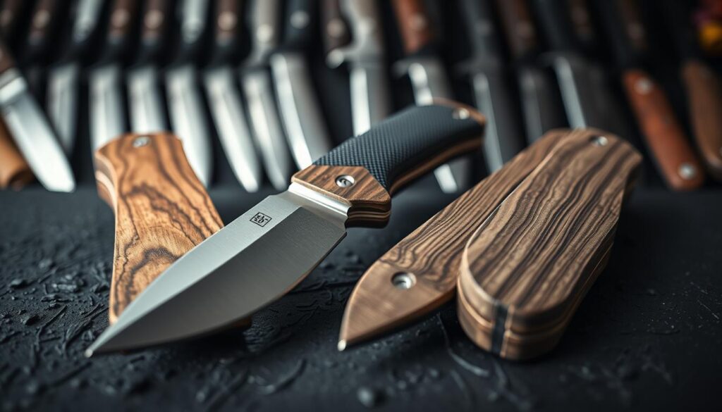 A close-up image focusing on three distinct knife handle materials: elegant wood with rich grain, durable G10 with a textured finish, and rugged Micarta showcasing its layered appearance. Each handle is presented in a balanced arrangement on a dark, textured surface to create contrast. The foreground highlights the intricate details of the wood grain, the smooth edges of the G10, and the unique patterns of Micarta. Natural diffused lighting illuminates the textures, casting soft shadows and creating depth. In the background, a blurred out-of-focus display of knives gives context, enhancing the atmosphere of a professional knife enthusiast's workshop. The overall mood is informative and sophisticated, emphasizing craftsmanship and material quality.