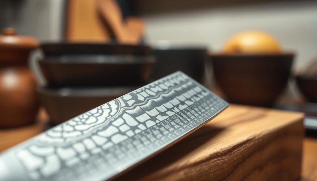 A close-up image of a VG10 steel blade resting on a premium wooden sharpening stone, glistening under soft, overhead lighting that highlights its sharp edge and distinctive Damascus pattern. In the foreground, the blade's curvature and intricate details are showcased, while the sharpening stone is slightly blurred in the middle ground, emphasizing craftsmanship. The background features blurred-out kitchen utensils and warm wood tones, creating a serene and focused atmosphere. The scene evokes a sense of precision, mastery, and the unique characteristics of VG10 steel, with a focal length that draws the viewer's attention to the blade’s fine edge, illustrating its hard Japanese alloy composition.
