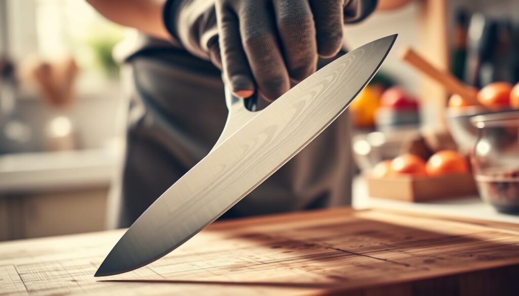 A close-up image of a beautifully crafted kitchen knife displaying a sharp edge, placed on a wooden cutting board. In the foreground, highlight the gleaming blade catching soft, natural light to emphasize its sharpness and precision. The middle layer features a hand, casually yet skillfully holding the knife, wearing modest kitchen gloves, demonstrating proper grip technique. The background should be softly blurred, showcasing a neatly arranged kitchen environment with colorful vegetables and tools, adding depth to the composition. Use warm, inviting lighting to create a cozy and professional atmosphere, capturing the essence of culinary craftsmanship while illustrating the importance of knife maintenance.