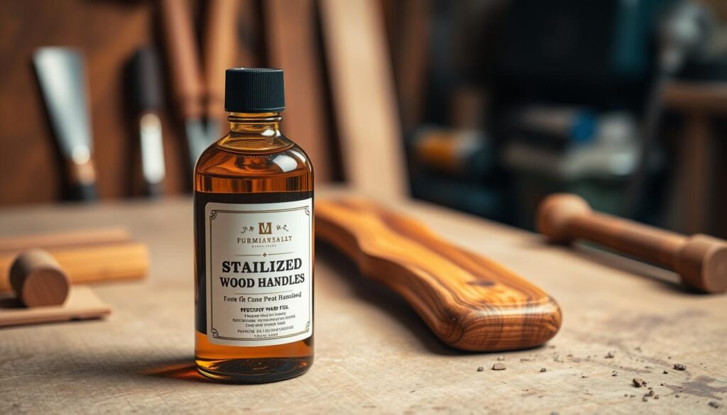 A close-up image of a bottle of oil specifically formulated for caring for stabilized wood handles, placed prominently in the foreground. The oil bottle should feature a sleek, modern design with a clear label showcasing its purpose. In the middle ground, a polished stabilized wood handle gently rests on a workbench, highlighting its rich textures and colors. The background can include blurred tools of woodworking, like chisels and sandpaper, to suggest a craftsman’s workspace. Soft, warm lighting illuminates the scene, creating an inviting atmosphere that emphadata-sizes care and maintenance. The angle should be slightly elevated to capture both the oil and the handle, inviting the viewer’s focus on the relationship between them.