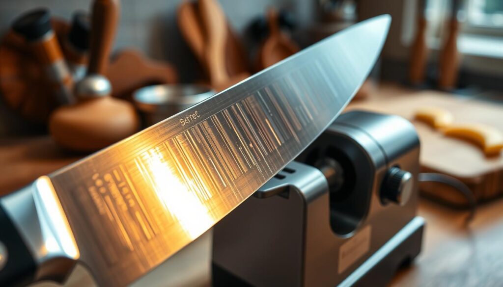 A close-up image of a high-end kitchen knife being sharpened on a professional-grade electric knife sharpener. The knife, featuring a gleaming stainless-steel blade with exquisite craftsmanship, is positioned prominently in the foreground, showcasing its edge glimmering under bright, focused lighting. In the middle of the scene, the electric sharpener with a sleek design and subtle safety features blends harmoniously, reflecting a modern kitchen environment. The background includes softly blurred kitchen elements such as a wooden cutting board and various kitchen tools, creating an inviting atmosphere. Warm, ambient lighting enhances the mood, evoking a sense of precision and care in knife maintenance. This composition captures the essence of safety and quality in knife sharpening practices, focusing on the blend of technology and craftsmanship.