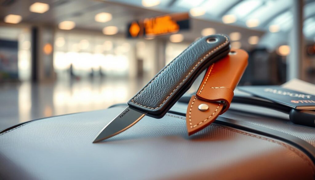 A close-up image of a high-quality blade guard resting on a travel suitcase, with a sleek leather guard on one side and a durable plastic guard on the other, highlighting the contrast in materials. The foreground should focus on the texture and finish of both blade guards, with soft, natural lighting illuminating their details. In the middle ground, a blurred travel setting with an open airport terminal can be subtly suggested, emphasizing the travel theme. The background can feature hints of travel essentials such as a passport, a map, and a compact blade, creating an inviting, practical atmosphere. The overall mood should reflect professionalism and preparedness for travel, with a warm and cohesive color palette.