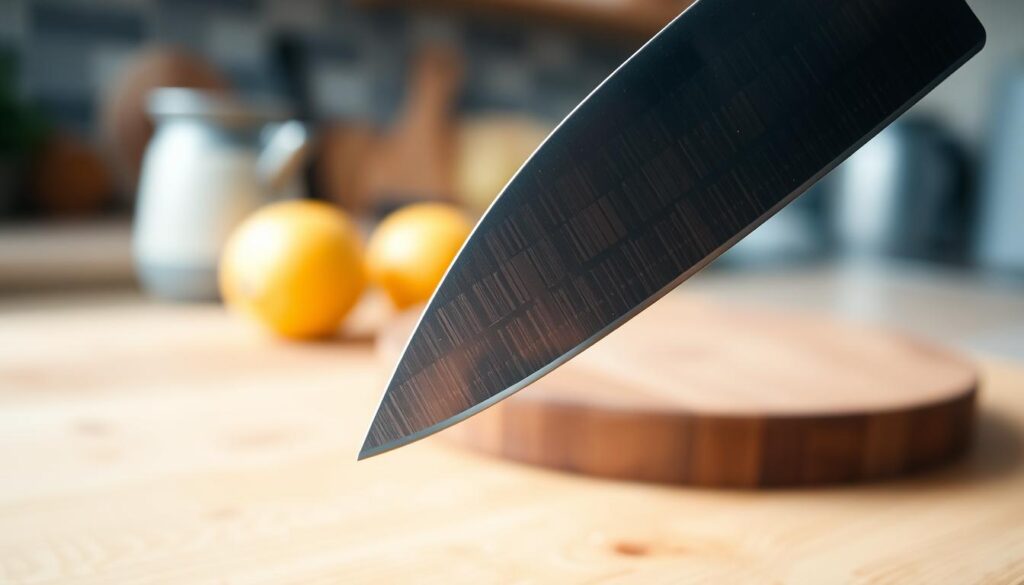 A close-up image of a knife blade showcasing a micro-bevel, emphasizing the intricate angle and sharpness. In the foreground, the blade glimmers under soft, diffused lighting, revealing the precise cut and polish of the micro-bevel edge. The middle layer features a wooden cutting board with subtle textures, adding a warm, natural element. In the background, a blurred kitchen environment hints at real-world usage, with soft bokeh effects creating a cozy, inviting atmosphere. The image should have a slight high-key effect to enhance clarity and detail, while maintaining a professional and informative mood, ideal for illustrating the practical benefits of micro-bevels in knife performance.