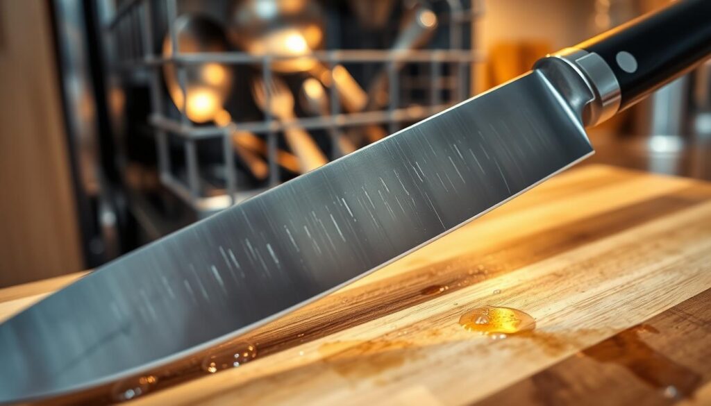 A close-up image of a professional kitchen knife blade, showcasing its shiny, polished surface and finely honed edge, reflecting soft light to highlight imperfections caused by dishwasher exposure. The foreground features the knife resting on a wooden cutting board, with water droplets subtly pooling around the base, emphasizing its vulnerability. In the middle, a slightly blurred view of a dishwasher door cracked open, showing a hint of tarnished cutlery inside, enhancing the sense of damage and neglect. The background is an out-of-focus kitchen setting, softly lit with warm ambiance, creating a cautionary mood. The composition captures the delicate balance between the knife's beauty and the potential harm from improper cleaning methods, inviting the viewer to reflect on care for kitchen tools.