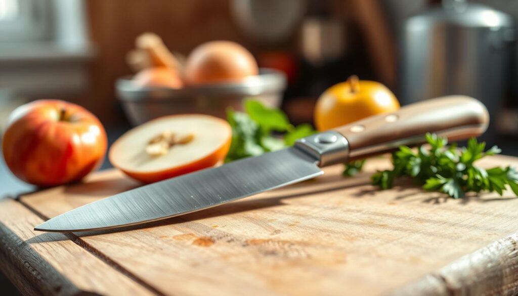 A close-up image of a sleek, stainless steel paring knife resting on a rustic wooden cutting board. The knife should feature a gracefully curved blade and a smooth wooden handle, showcasing craftsmanship and precision. In the foreground, the cutting board is adorned with vibrant, fresh fruits and vegetables, like a sliced apple and a handful of herbs, hinting at the knife's culinary use. The middle ground should focus on the knife itself, highlighting its gleaming blade under soft, natural light that casts gentle shadows, creating a warm and inviting atmosphere. The background can be softly blurred to emphasize the knife, with glimpses of a cozy kitchen setting, ideally evoking a sense of home and culinary creativity. The overall mood should feel bright, clean, and appetizing, suitable for a cooking context.