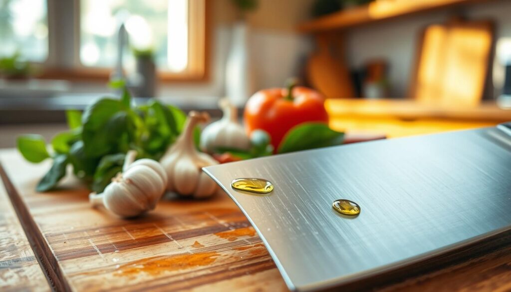 A close-up image of a well-maintained chef's knife resting on a wooden cutting board, glistening with a thin layer of food-grade mineral oil, highlighting the blade's sharpness and reflective surface. In the foreground, the knife is sharply focused, showcasing intricate details of the blade, while droplets of oil catch the light. In the middle, a selection of fresh vegetables and herbs (like basil and garlic) provide context, hinting at meal prep. The background features a soft-focus kitchen setting with warm, natural lighting streaming in from a nearby window, creating a cozy and inviting atmosphere. The overall mood should evoke a sense of care, safety, and culinary professionalism, emphasizing the importance of using food-safe oils on knives.