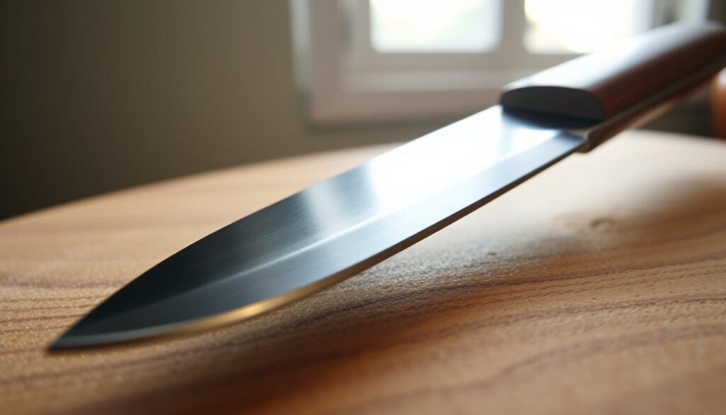 A close-up image showcasing a micro-bevel edge on a knife. The foreground features the knife resting on a wooden cutting board, highlighting the intricate details of the micro-bevel – a fine, consistent angle on the edge that reflects light. The blade, polished and glistening, shows a clear distinction between the primary bevel and the micro-bevel. In the middle background, soft natural light filters through a window, creating a warm and inviting atmosphere. A wooden handle of the knife provides a contrasting texture against the smooth metal of the blade. The overall mood is focused and serene, emphasizing the craftsmanship and precision of the knife. The angle is slightly tilted to enhance the depth, drawing attention directly to the edge’s unique characteristics, with no text, watermarks, or distractions.