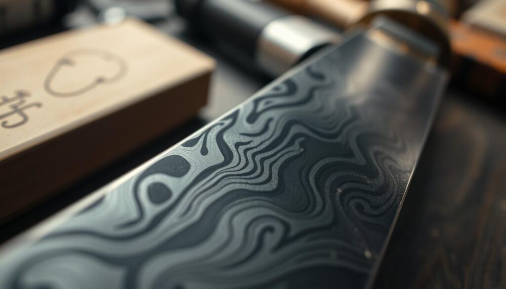 A close-up of a beautifully crafted Damascus steel blade showcasing intricate patterns and textures. In the foreground, focus on the blade's edge, capturing the sharpness and design details that highlight the swirling patterns characteristic of Damascus steel. The lighting is soft yet focused, illuminating the blade from above to emphasize the contrast between the polished edge and the rich, dark patterns. The background is subtly blurred, featuring tools and sharpening stones, enhancing the craftsman's workshop atmosphere. The mood is serene and focused, evoking a sense of artistry and precision in blade sharpening. The angle is at eye level, inviting viewers to appreciate the skill and craftsmanship behind maintaining the stunning design of Damascus steel without compromise.